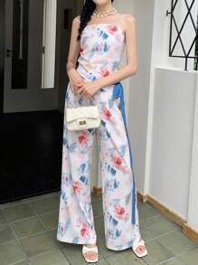 SHEIN LUNE 2件套度假休闲花卉印花吊带背心和阔腿裤 - 彩色 - 查看 1