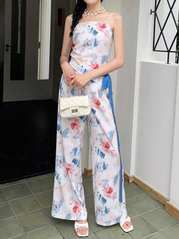 Celisse 2pcs/Set Vacation Casual Floral Print Camisole And Wide Leg Pants