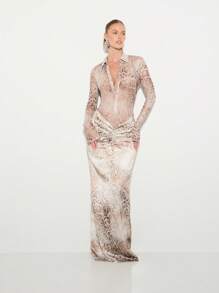 KIZN 长袖豹纹连体衣 修身领口纽扣职业办公室装 春秋冬时尚 - 棕色 - 查看 3