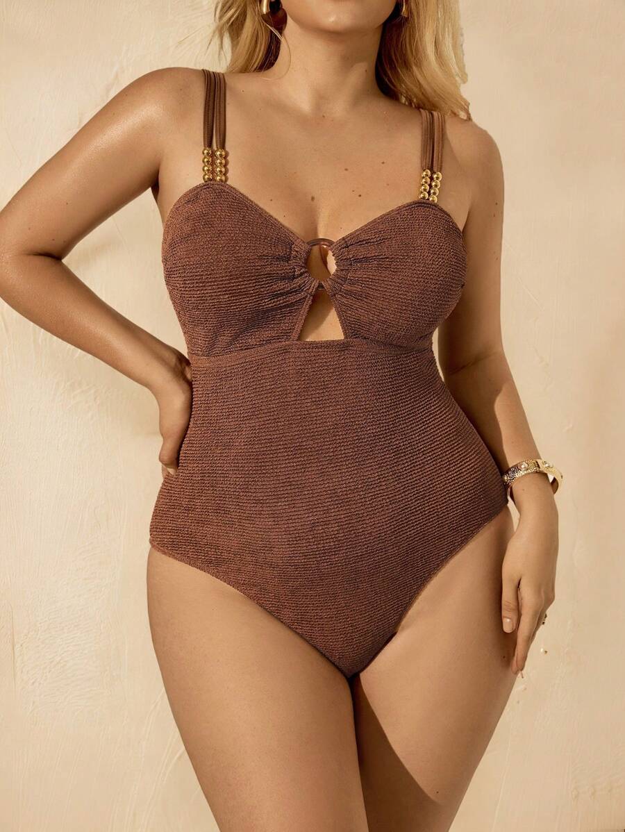Elaquor Plus Size Women Beach Holiday Backless One-Piece Swimsuit - Brown - View 1