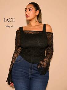 SHEIN BAE Plus Size Women's See-Through Lace Long Sleeve Blouse And Camisole Two Pieces Set, Suitable For Dating, Party, Christmas, Off-Shoulder, Black, Blouse For Women, Tops For Women, Off-Shoulder Top, T-Shirts, Knit Top, Crop Top, Asymmetrical, Curve Tops, Fitted, Plain, Women's Basics, Western Women's Clothes, Summer, Tight, Easter, Spring Clothes - Black - View 8