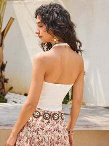 SHEIN EZwear 女士休闲性感低胸棉混纺紧身领口吊带背心“意大利米兰”印花 - 白色 - 查看 4