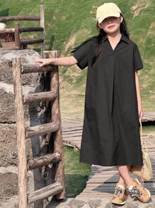 DAZY Tween Girl Collar Short Sleeve Dress, Summer, Back To School Clothes - Black - View 1