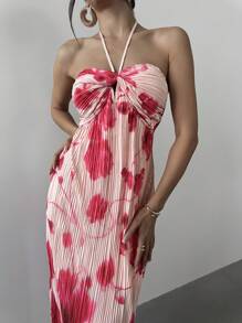 Firerie Women's Elegant Romantic Vacation Pleated Long Maxi Dress With Spaghetti Straps, Holiday Style Red Tie Dye Floral Print Aline Flowy Halter Neck Tie Dress For Beach, Wedding, Music Festival, Summer Holiday Outfits,Summer - Multicolor - View 4