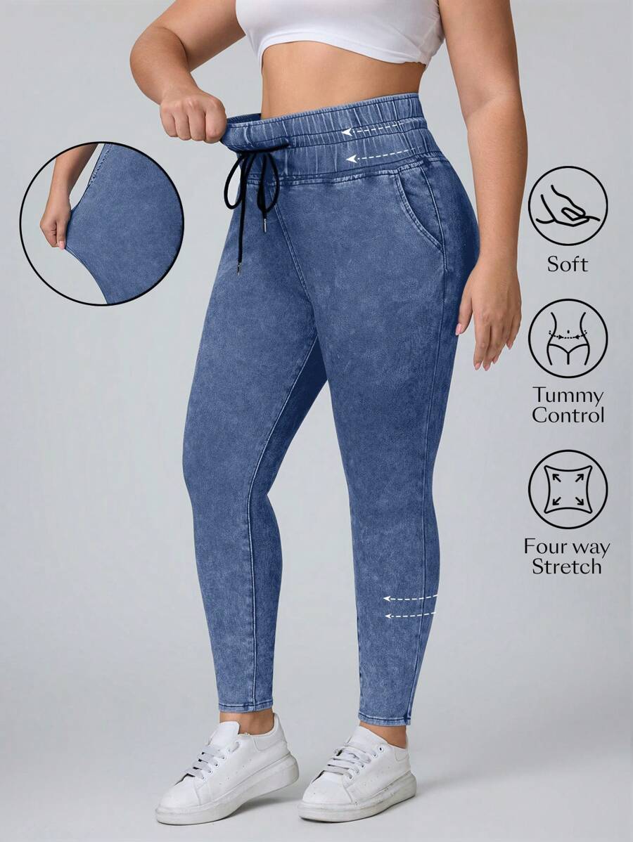 Flexra Plus Size Women's Dark Wash Drawstring Skinny Jeans - Dark Wash - View 1