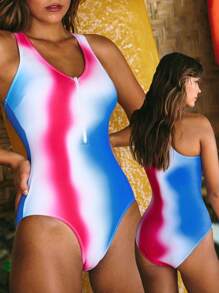 Swim SPRTY Women's Blue & Red Gradient Splice V-Neck One-Piece Rashguard, Sexy Backless Design, Suitable For Independence Day, Leisure, Spring/Summer Vacation, Beach Party - Multicolor - View 2