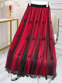 Celure Plus Size Women Contrasting Color Mesh Bow Decor A-Line Skirt - Red - View 2