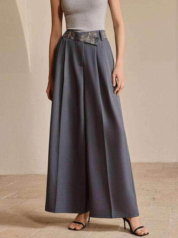 Anewsta Elaire Elegant Floral Embroidered Wide-Leg Women Dress Pants, Suitable For Valentine's Day, New Year, Casual Old Money, Minimalist Women Wide Leg Pants