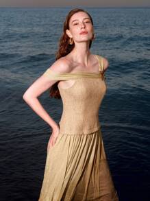 ZEYLAH Elegant Asymmetric Neck 2 In 1 Pleated Patchwork Dress - Apricot - View 10