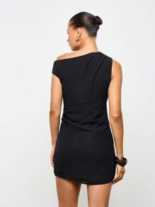 AiiRZ Asymmetric One Shoulder Mini Dress Ruched Bodycon Party Special Occasion Evening Sophisticated Little Black Dress - Black - View 3