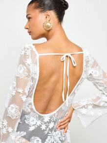AiiRZ Robe de plage en maille transparente à manches longues et mini-robe florale. Couvre-maillot de bain d'été, tenue de vacances et de plage, robe de piscine - Blanc - Voir 6