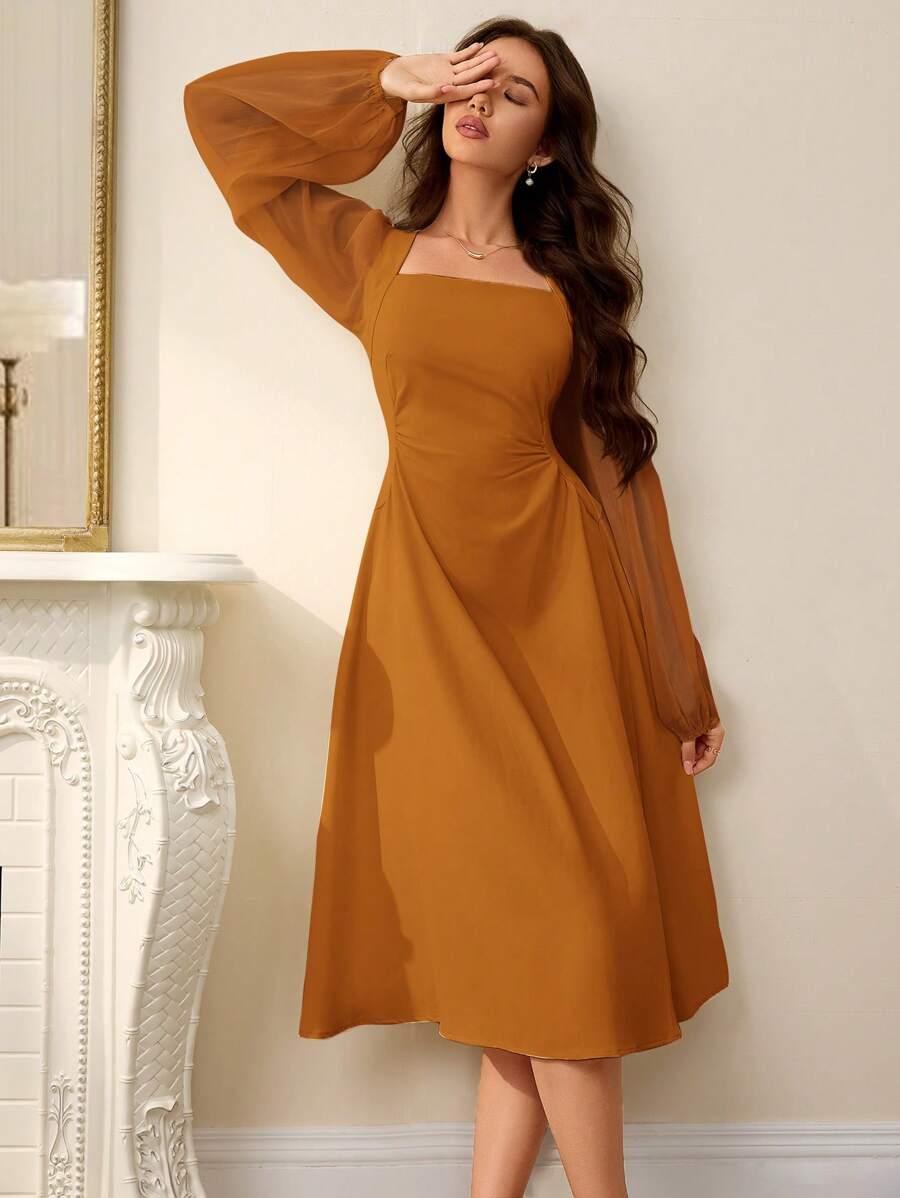 Revavyn 法式方领泡泡袖腰部镂空褶饰长袖女士连衣裙节日派对生日正式场合秋季连衣裙 - 棕色 - 查看 1