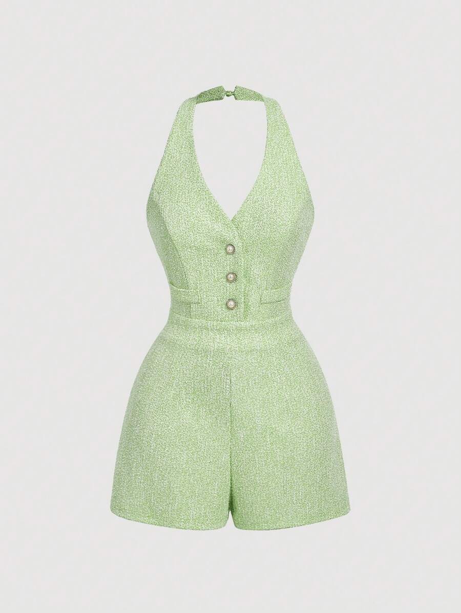 SHEIN MOD V-Neck Sleeveless Pearl Button Jumpsuit With Plaid Design, Green Color - Green - View 1