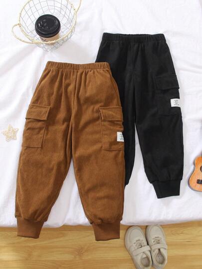 SHEIN Genkimix Kids 6 Packs Young Boy Casual Black & Tan Printed Decorative Pocket Corduroy Harem Pants, With Elastic Waistband For Easy Dressing, Fashionable & Versatile For Party, Outing, Photo Shoot And More Fall Winter