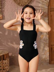 Sparklyn Young Girl Black And White Hollow One-Piece Swimsuit For Beach/Vacation