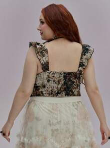 ROMWE Hauts ajustés de grande taille pour femmes avec design de cravate à fleurs vintage