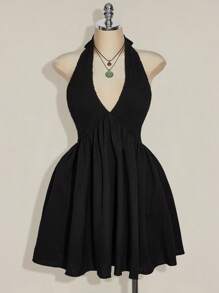 SHEIN ICON Váy yếm hở lưng dáng chữ A, eo rút màu đen cỡ lớn, thích hợp mặc mùa hè, đi nghỉ, mặc hàng ngày, Y2K, nghỉ hè, quần áo trở lại trường, váy suông - màu đen - Xem 6