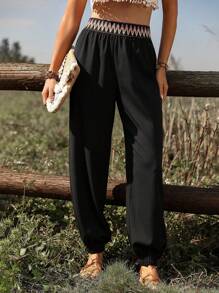 SHEIN PETITE Women's Casual Elastic Waistband Color Contrast Drawstring Waist Tapered Leg Pants, Versatile For Everyday Wear Fall Cloth For Women - Black - View 4