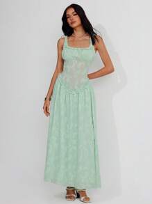 Roylia Women's Elegant Romantic Jacquard Solid Green Sexy Long Slit Slip Dress With Ruffle Hem - Green - View 7