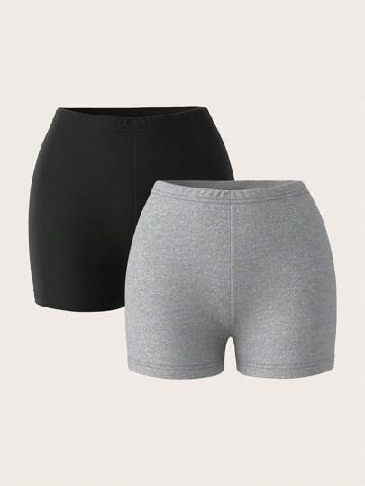 SHEIN PETITE 2pcs Knit Skinny Short Leggings For Women, Casual Summer Wear Suitable For Going Out Women's Sportswear