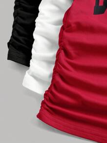 SHEIN Girlism 3-Pack Tween Girls Casual Round Neck Fitted Waist Ruched Front Print T-Shirts In Red, White And Black, School, Campus, College - Multicolor - View 3