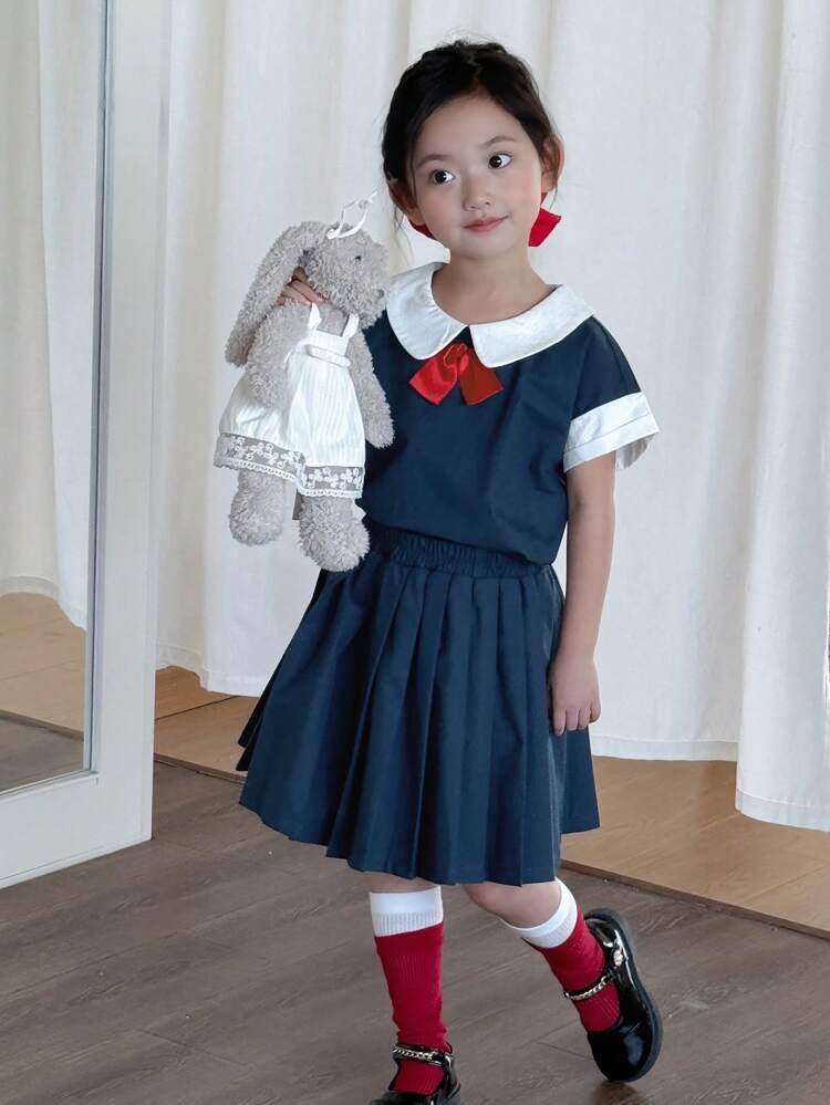 Young Girl School Style Contrast Trim Top & Pleated Skirt 2pcs Outfit, Summer, For Back To School
