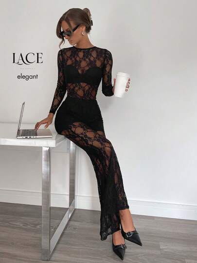 Siren Gaze Spring/Summer Sexy Black Lace See-Through Top And Designed See-Through Lace Pants Women's 2pcs Set Winter Party