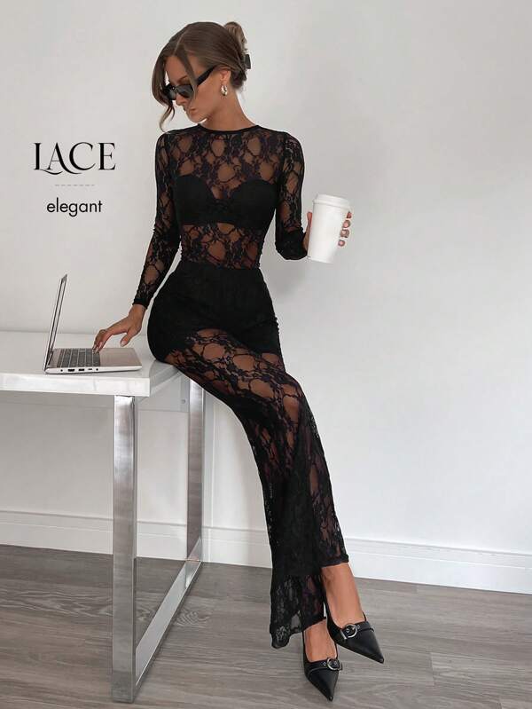 Siren Gaze Spring/Summer Sexy Black Lace See-Through Top And Designed See-Through Lace Pants Women's 2pcs Set
