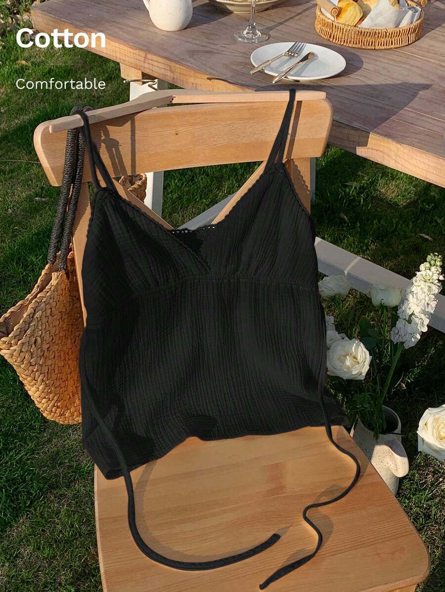 Comfortcana 1pc Women's Black Woven Pure Cotton Slim Fit Camisole For Summer - Black - View 1