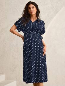 MaterniWear Vestido de maternidad con estampado de lunares, manga corta y nudo delantero, para el verano - Azul Marino - Ver 7