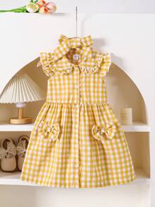 SHEIN Playful Pals 黄色格子盖袖休闲夏装，百搭日常穿着