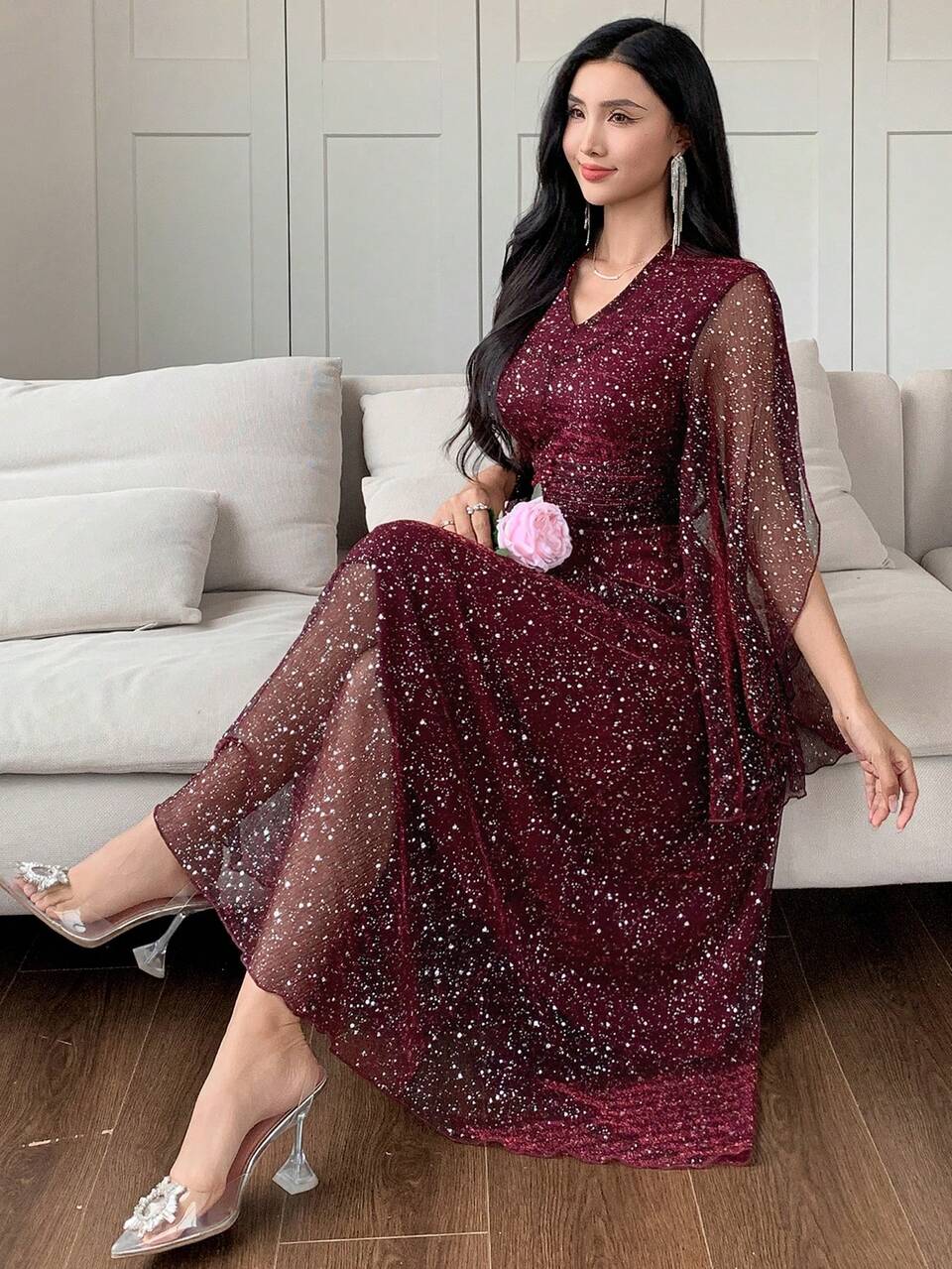 Women's Long Shiny Fashionable Dress, Suitable For Summer, Back To School Clothes Luxury Red Women Dresses Prom Dress Sequin, New Year Sparkly Dress