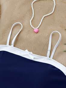 SHEIN TEENGIRL Vacation Black & White Tie Bow Contrast Color Tankini Swimsuit Set, Conservative Bikini Set - Navy Blue - View 7
