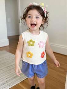 Baby Girl Summer Casual Korean Style Cute Round Neck Sleeveless Jacquard Floral Knit Top And Washed Denim Shorts - Multicolor - View 3