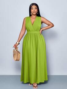 SOLERSUN 大码新款春夏时尚纯色交叉深V领长款休闲宽松A字连衣裙，四季简约服饰，休闲宽松长裙，日常通勤旅行海边度假休闲连衣裙