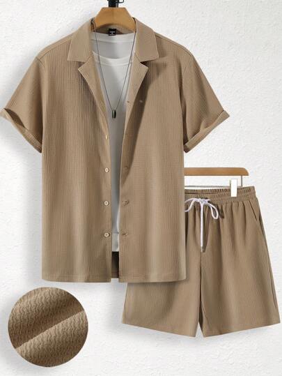 Manfinity Homme 男士夏季短袖抽绳短裤和衬衫套装