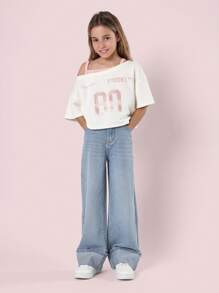 SUMWON Wide Leg Turnup Jeans High Waisted Boyfriend Style Baggy Relaxed Fit Street Style Fashion Autumn Winter Spring Denim - Blue - View 3