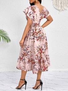 SHEIN Lady 花卉印花荷叶边褶饰下摆系带连衣裙中长连衣裙休闲日常优雅派对四季生日和活动连衣裙/办公室连衣裙/节日连衣裙 - 粉色 - 查看 2