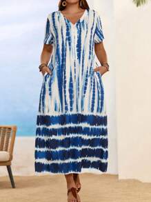 EMERY ROSE Vestido casual de manga corta con cuello en V, bolsillo y tintes de amarre, talla grande, verano - Azul y blanco - Ver 1
