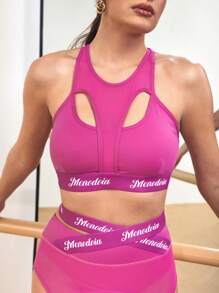 Menodora SHEIN Sport Women Letter Print Cutout Design Everyday Fitness Sports Bra Polewear - Hot Pink - View 4