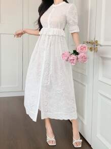 DAZY Bohemian Vintage Hollow-Out Floral Embroidered Collar Tie-Up Long Dress Vacation Dress - White - View 4