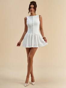 SHEIN BAE Bộ đồ liền thân không tay màu trắng trơn mùa hè dành cho nữ có nút cài và viền loe - trắng - Xem 3