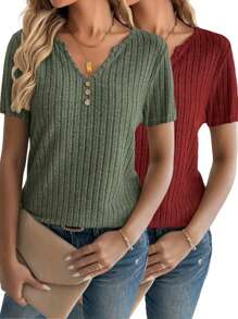 SHEIN 2pcs/Set Women 3-Button V-Neck Ribbed Casual Short Sleeve T-Shirt - Multicolor - View 1