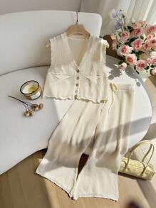 SHEIN Privé Set Sweater Ukuran Besar, Kasual Elegan Longgar Mewah Romantis Berongga untuk Pantai - Krem - View 8