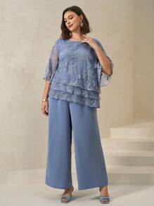 Chikora Curve Plus 女式浪漫优雅蓝色圆领荷叶袖多层下摆刺绣衬衫 + 松紧腰阔腿裤 正式两件套、职业女装、女式婚礼宾客礼服、女式工作服、夏季两件套、女士节日服装、女式教堂服装、女士两件套、女士两件套、女士夏季服装、度假、服装、Curve Plus、女士快速发货、蕾丝上衣 - 藍色 - 查看 1