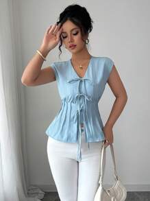 Selianne 女士优雅 V 领无袖分层蝴蝶结腰带 A 字型简约纯色背心，适合春夏季 - 藍色 - 查看 5