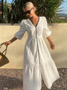 Livesso Patchwork Contrast Color Fringe Trim A-Line Dress With Princess Sleeves, Elegant Resort Style Fall Long Dress For Women,Casual Women Dresses Long Sleeve Dress