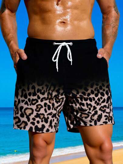 Manfinity VDAYZ 男士豹纹印花沙滩短裤，夏季时尚豹纹泳裤男士冲浪短裤男士度假男士沙滩短裤男士泳裤配套沙滩短裤男士泳裤豹纹短裤男士豹纹印花泳裤冲浪短裤男士冲浪短裤，夏威夷