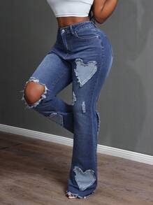 Slaydiva Women's Casual Versatile Distressed Embroidered Washed Denim Flare Jeans - Dark Wash - View 3