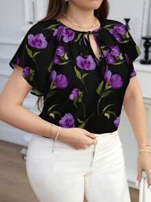 Reflora Áo kiểu tay ngắn cổ khoét lỗ, dáng rộng, in hoa màu tím, cỡ lớn, thích hợp cho mùa thu/đông, phù hợp để đi chơi, áo kiểu thanh lịch cho nữ nhân dịp Lễ Tình nhân. - màu đen - Xem 3